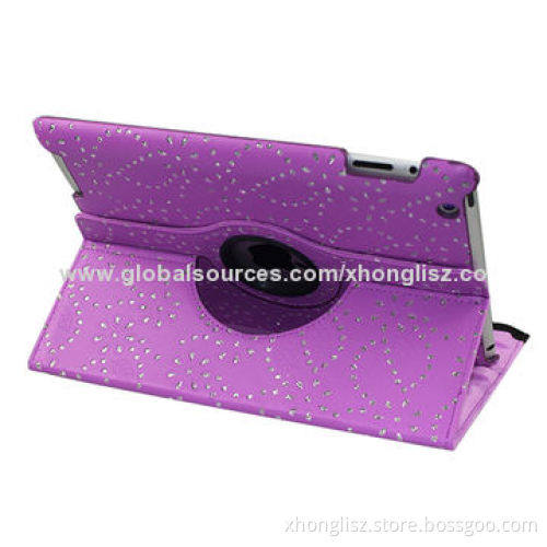 PU leather with diamond decoration design for iPad 2/3, three adjustable angle view version